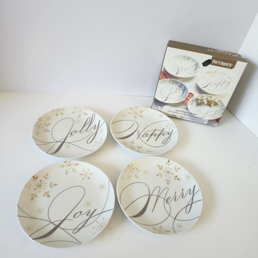 Pier 1 Imports 4 Holiday Wishes Appetizer Plates Merry Happy Jolly Joy Box